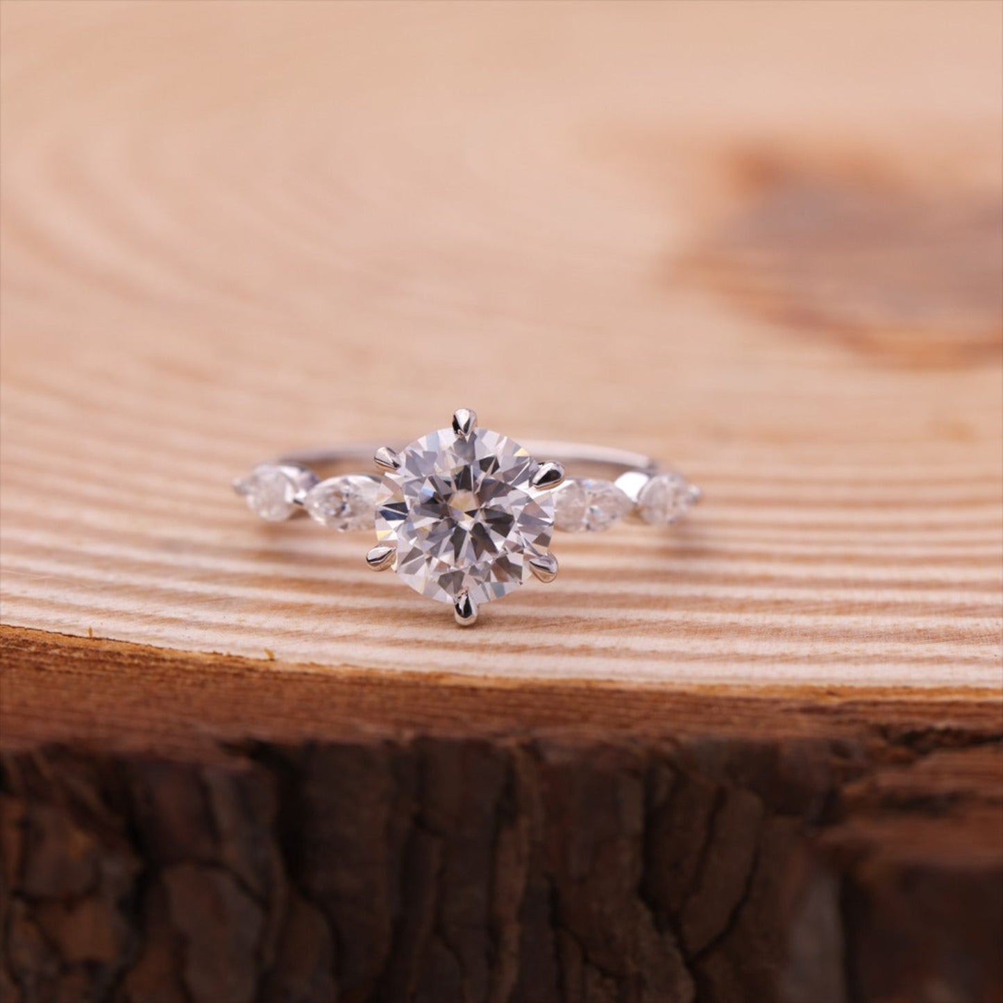 Round Cut Three Stone Moissanite Ring, Marquise Accents White Gold Engagement Fine Jewelry