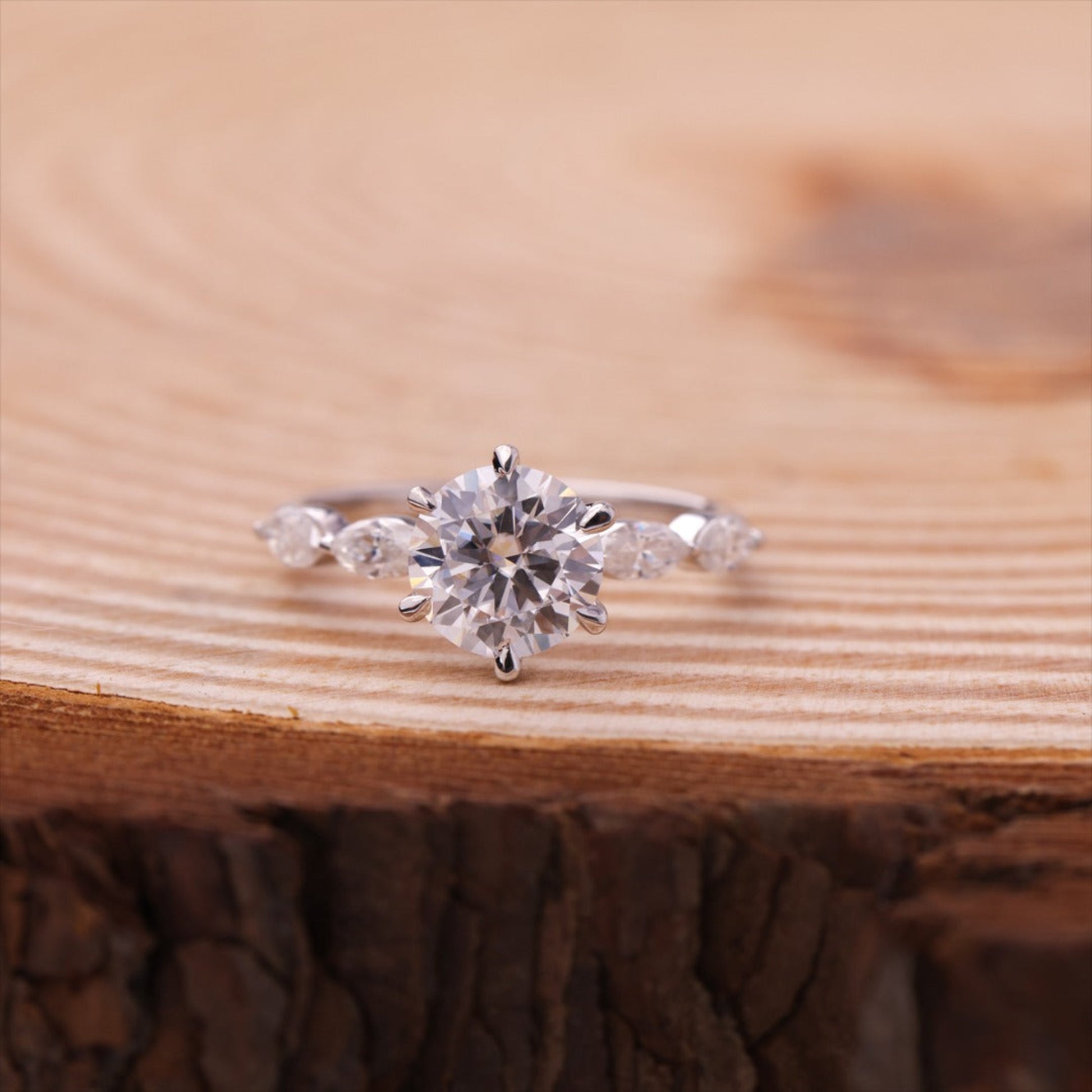 Round Cut Three Stone Moissanite Ring, Marquise Accents White Gold Engagement Fine Jewelry