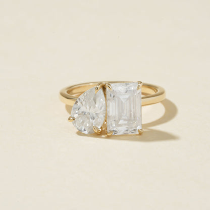 Engagement Toi Et Moi Ring, Pear & Emerald Cut Moissanite 10K Yellow Gold Fine Jewelry