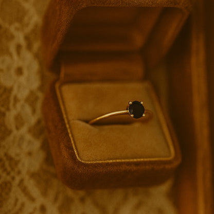 Gold Round Cut Black Onyx Ring, Birthstone Gemstone Fine Jewelry With Classic Setting And Rich Black Color