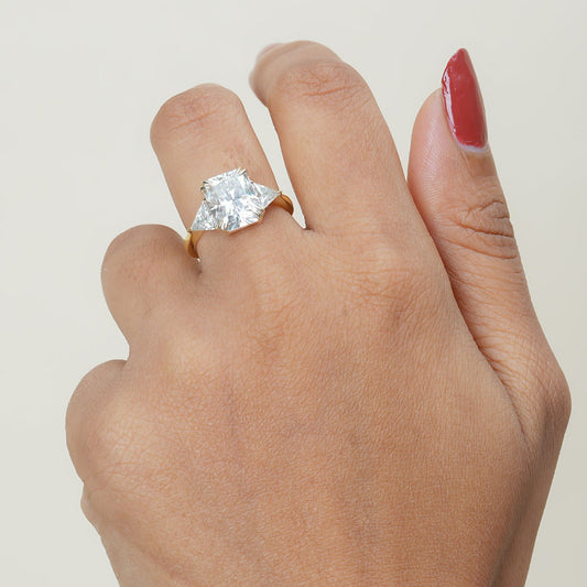 Moissanite Cushion Engagement Ring, Trilogy Yellow Gold Fine Jewelry With Brilliance