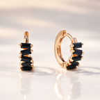 Black Hoop Earrings With Baguette Black Diamonds In Prong Setting
