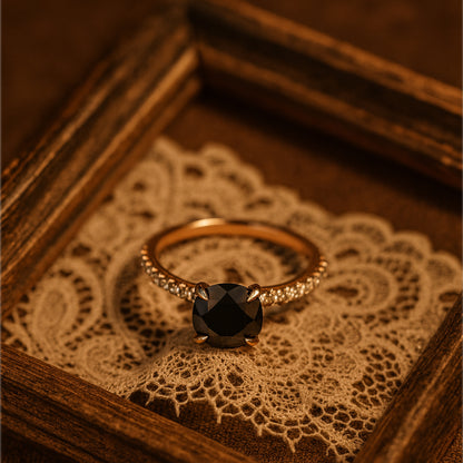 1.50 CT Black Onyx Solitaire Ring in Rose Gold with Pave Diamond Band
