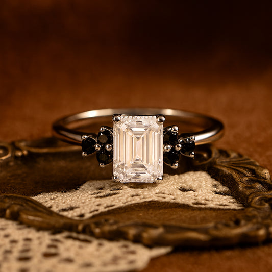 Emerald Cut Moissanite Ring VVS1 Clarity Diamond Alternative With Black Side Stone Accents
