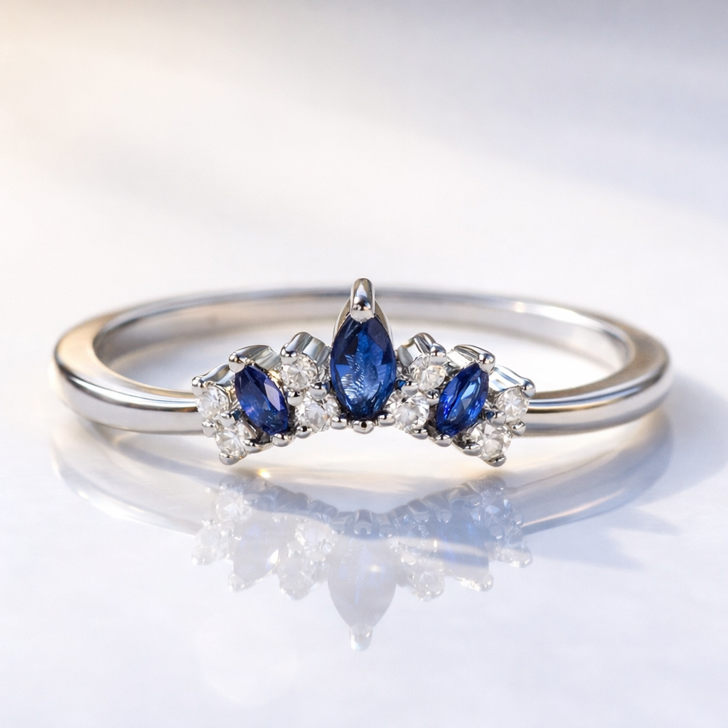 Delicate Sapphire Curved Wedding Band In White Gold
