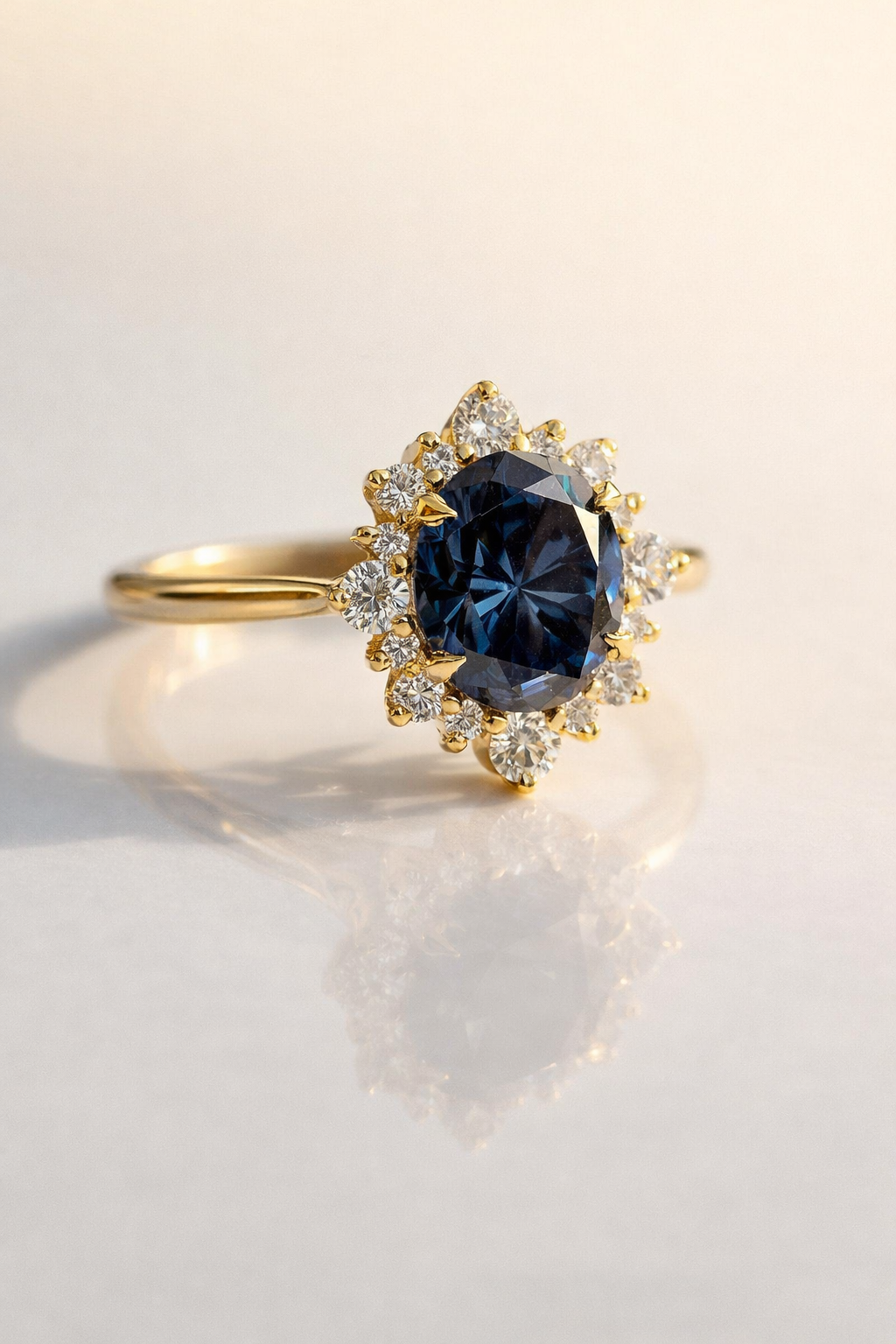 Oval Cut Moissanite Ring Round Cut Halo Setting Yellow Gold Band.
