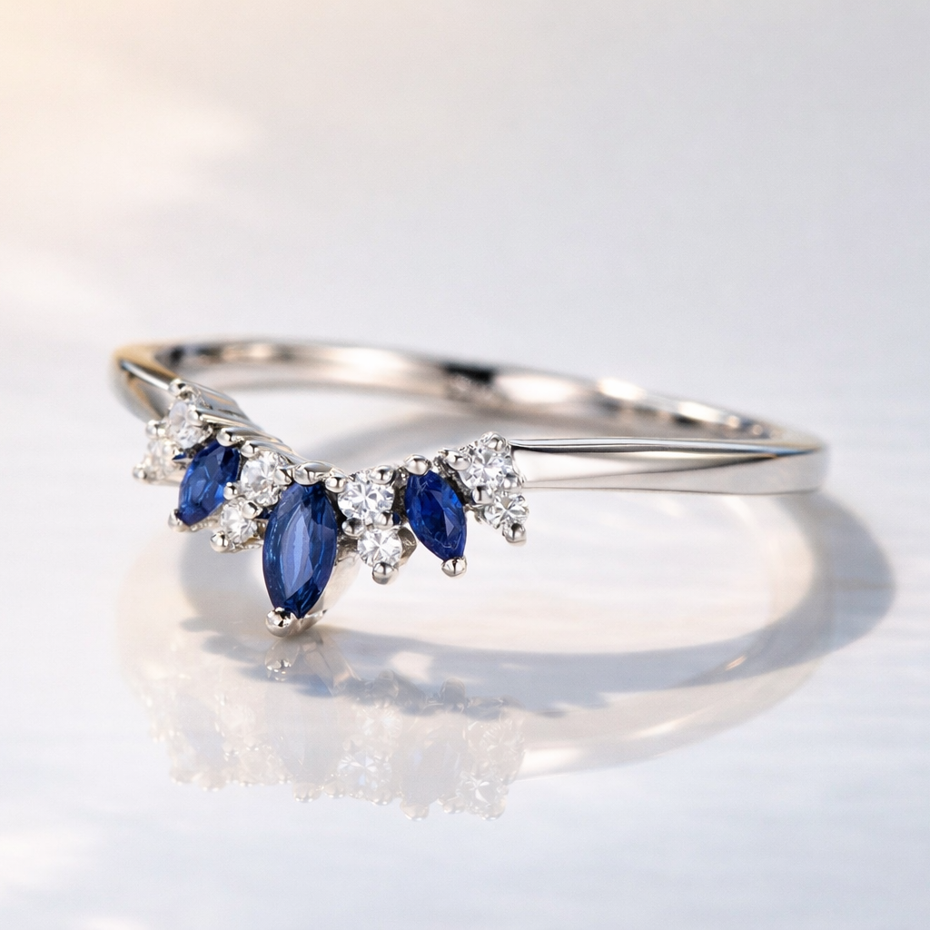 Elegant Curved Sapphire Wedding Band With Marquise Diamonds
