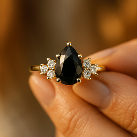 Modern Pear Cut Black Diamond Engagement Ring with White Diamonds
