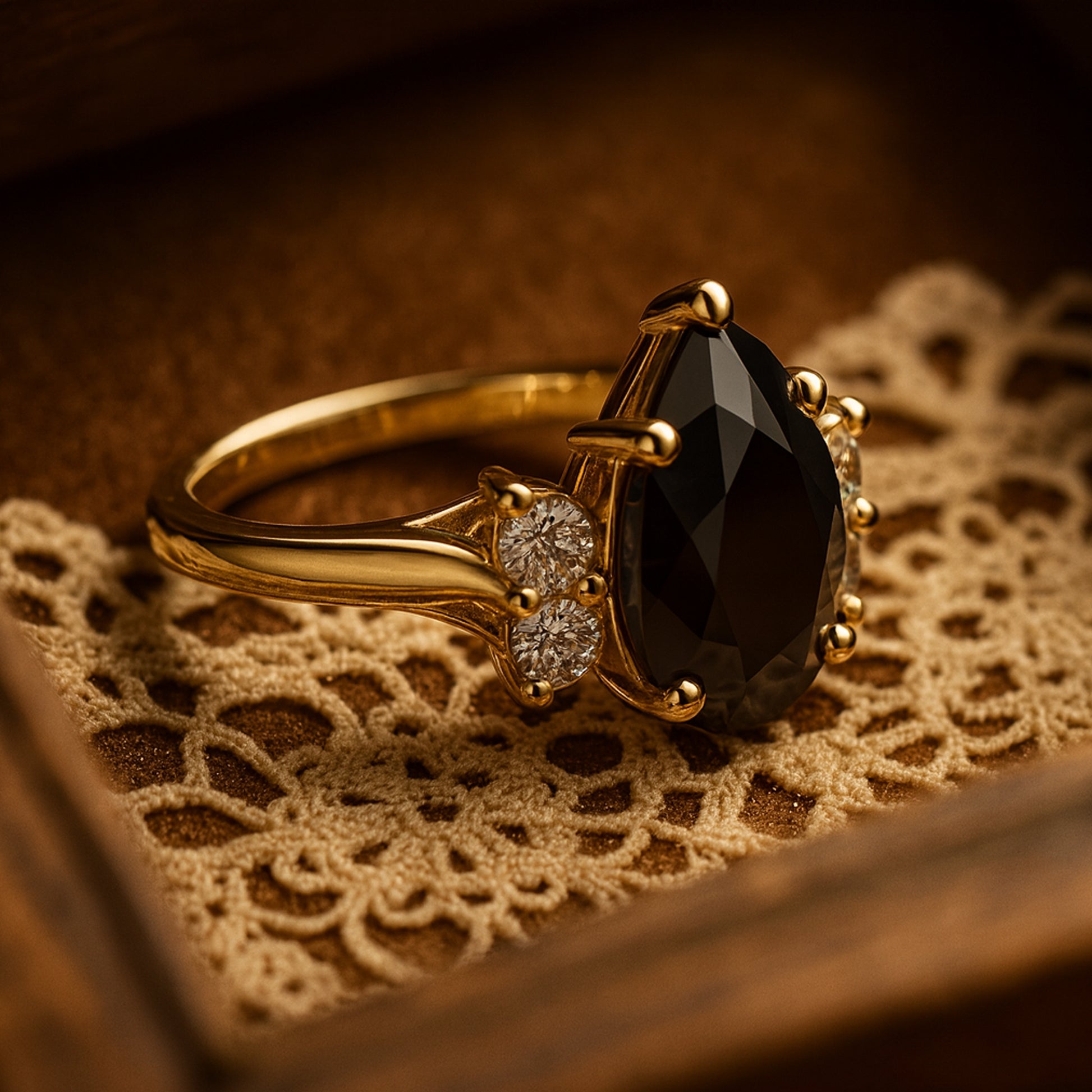 Modern Pear Cut Black Diamond Engagement Ring with White Diamonds


