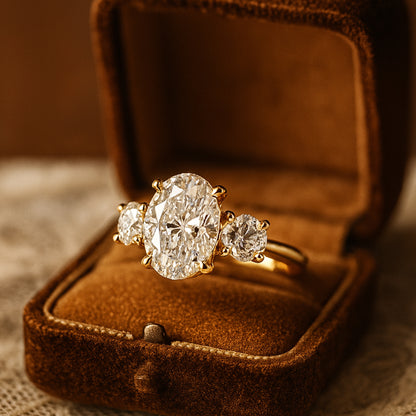 Diiro Oval Diamond Engagement Ring In Gold, Showcasing A Three-Stone Design That Radiates Warmth, Grace, And Modern Sophistication