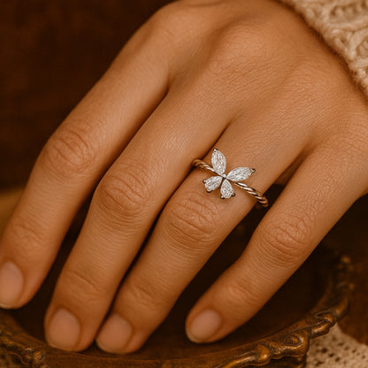 Diiro Moissanite Butterfly Ring In 14K Gold With Elegant Twisted Band, Crafted As A Brilliant Diamond Alternative For Women.
