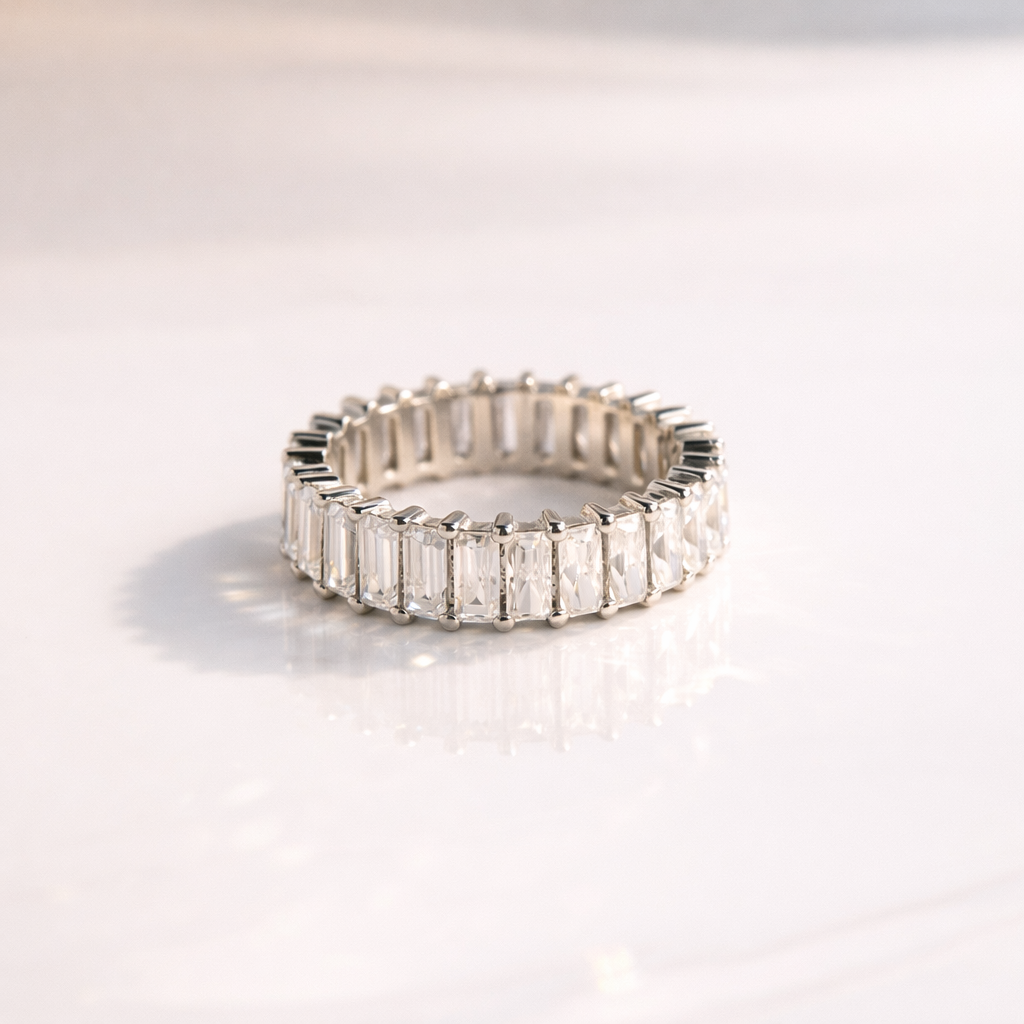 Emerald And Radiant Cut Diamond Eternity Wedding Band In White Gold
