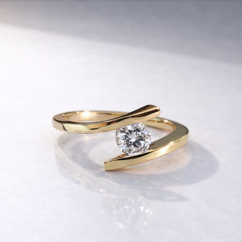 Bypass Engagement Ring Round Cut Diamond Ring Yellow Gold Band.
