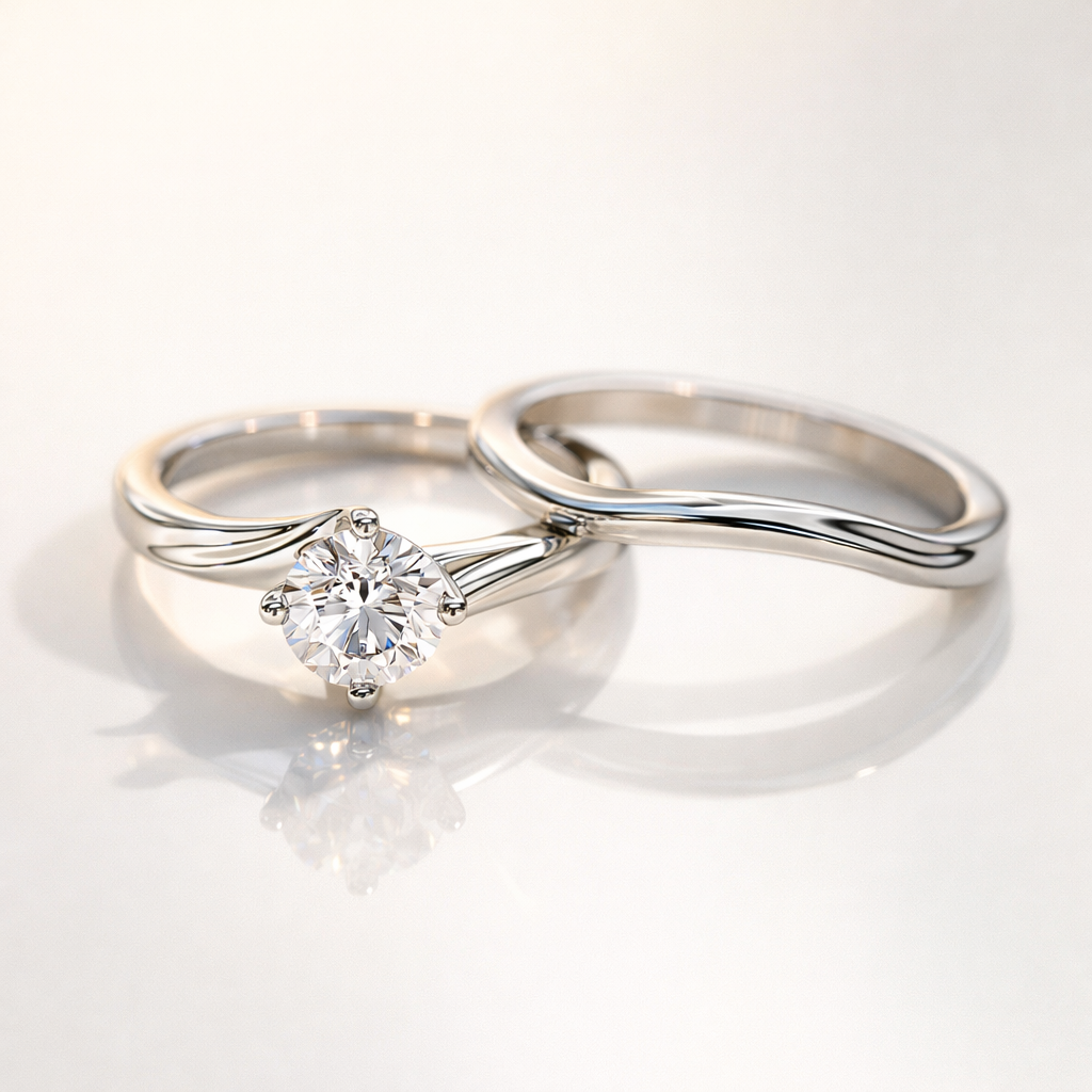Bypass engagement ring with curved wedding band in white gold
