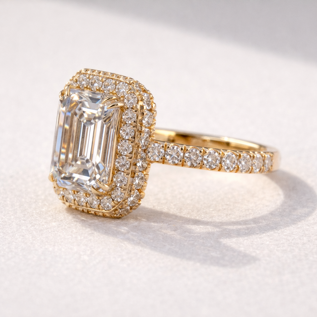 Cathedral Engagement Ring With Emerald Cut Engagement Ring And Pave Setting
