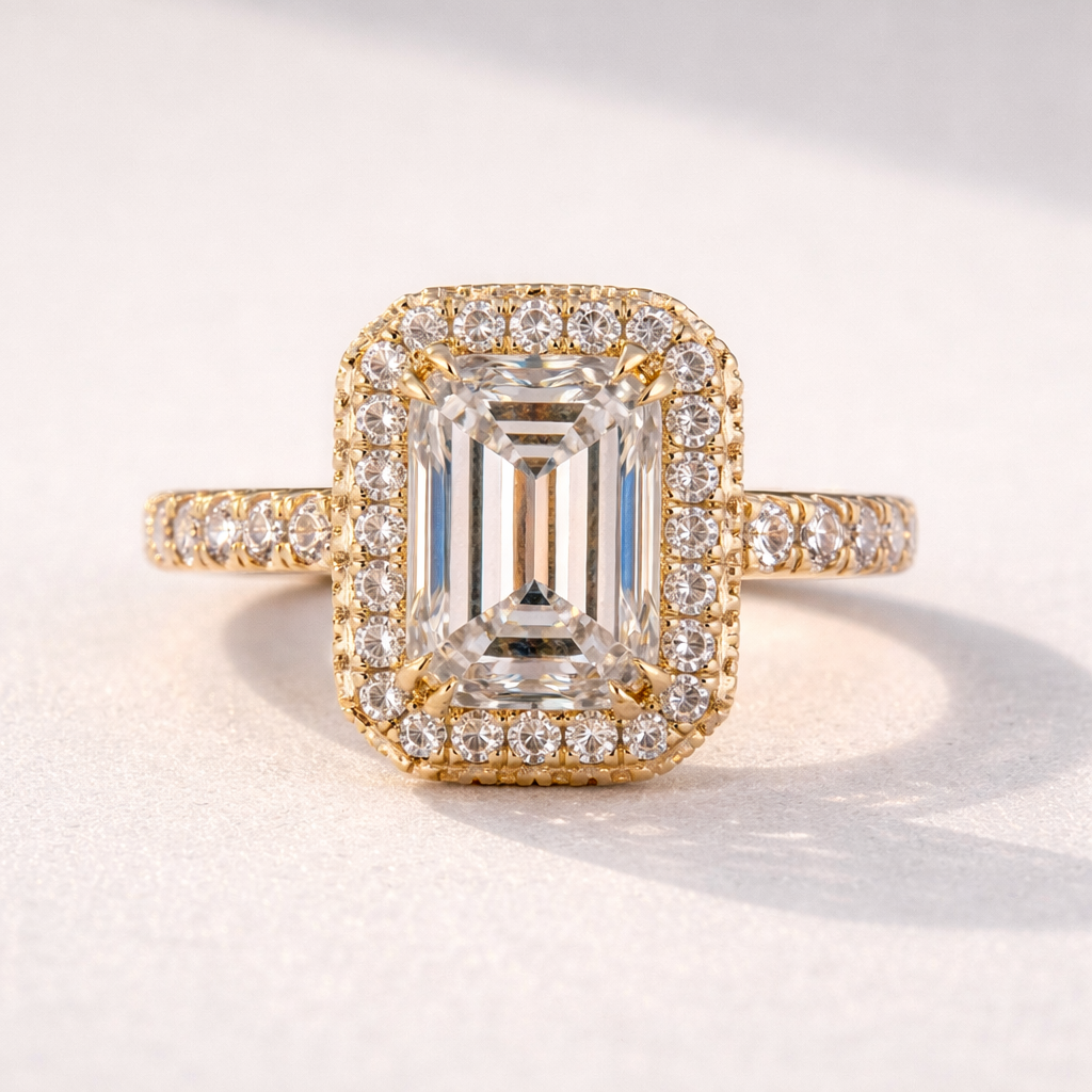 Emerald Cut Halo Engagement Ring With Pave Band In Yellow Gold
