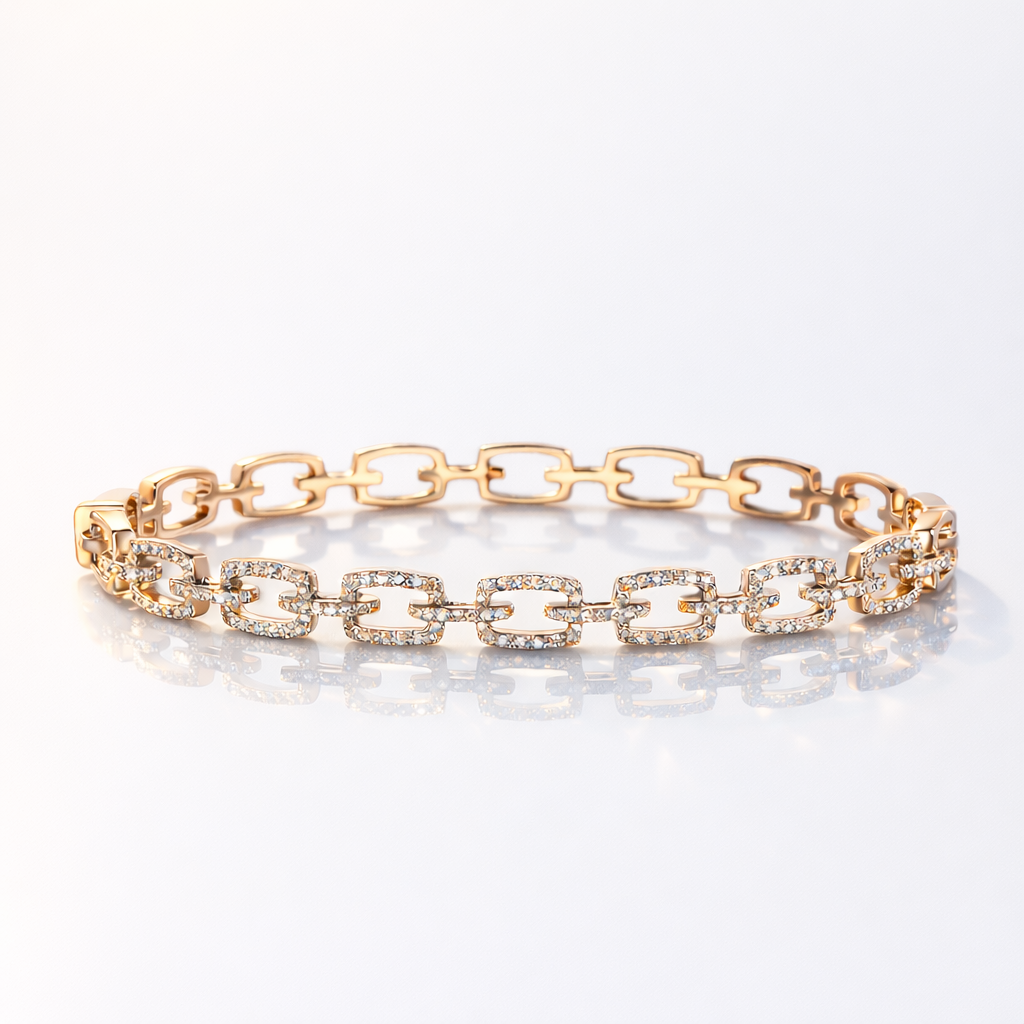 Gold chain link bracelet with round diamonds
