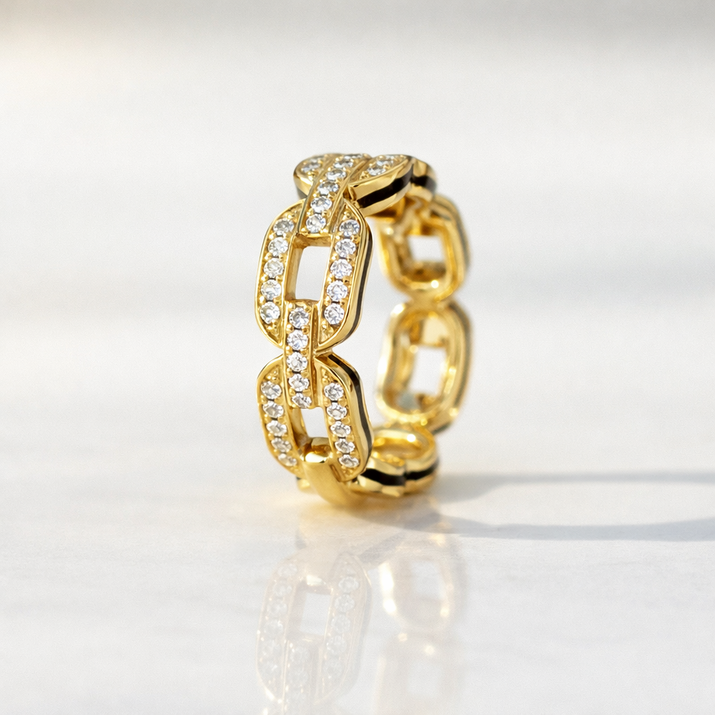 Diamond Gold Link Hoop Earrings With Round Cut Stones
