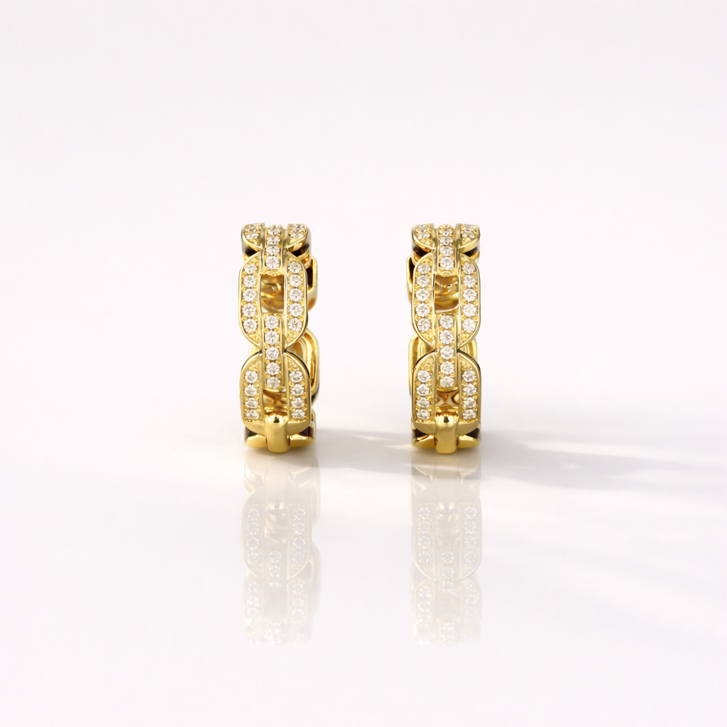 Yellow Gold Chain Link Earrings Hoops With Diamond Detail
