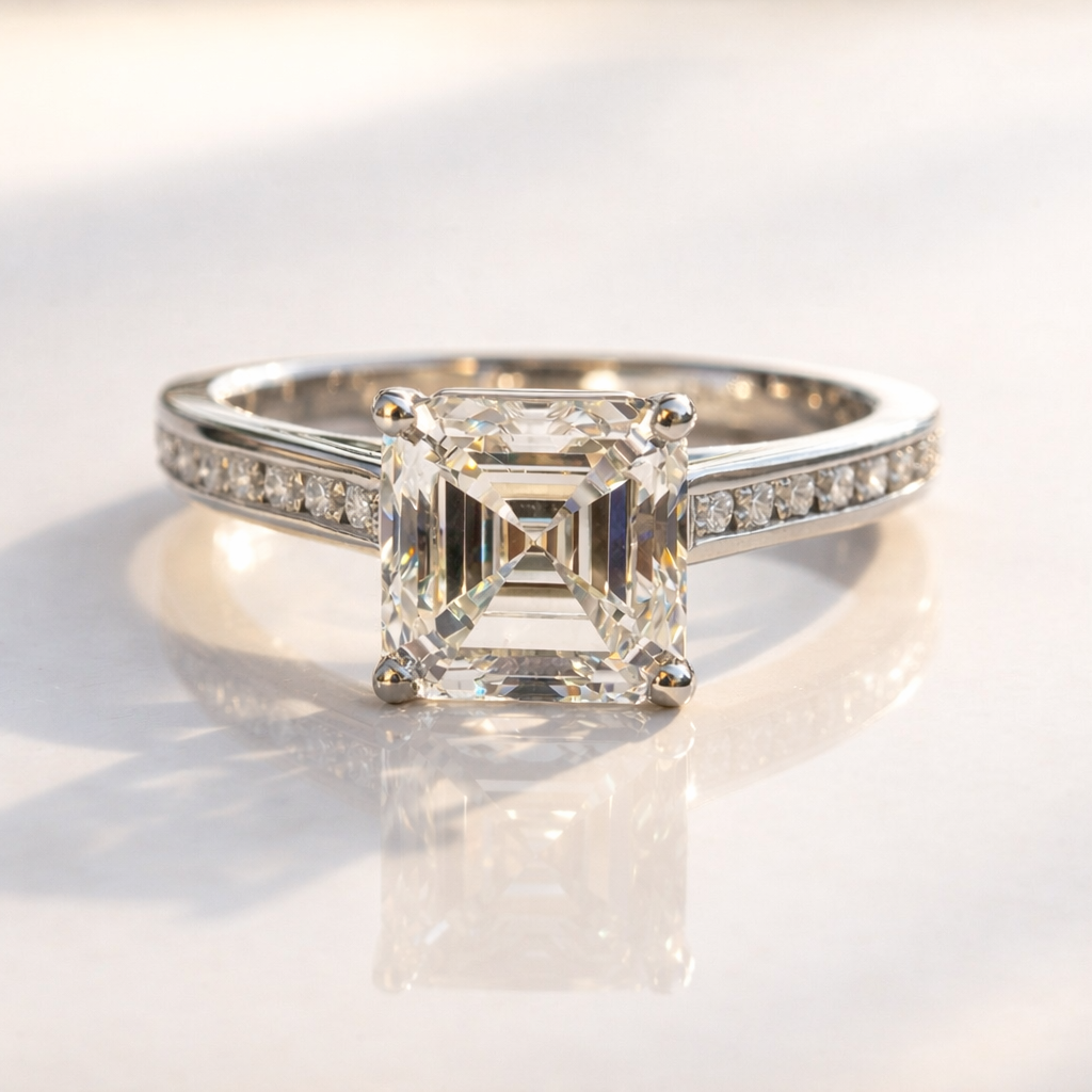 Channel Set Engagement Ring Asscher Cut Ring 4 Round Prong Setting.
