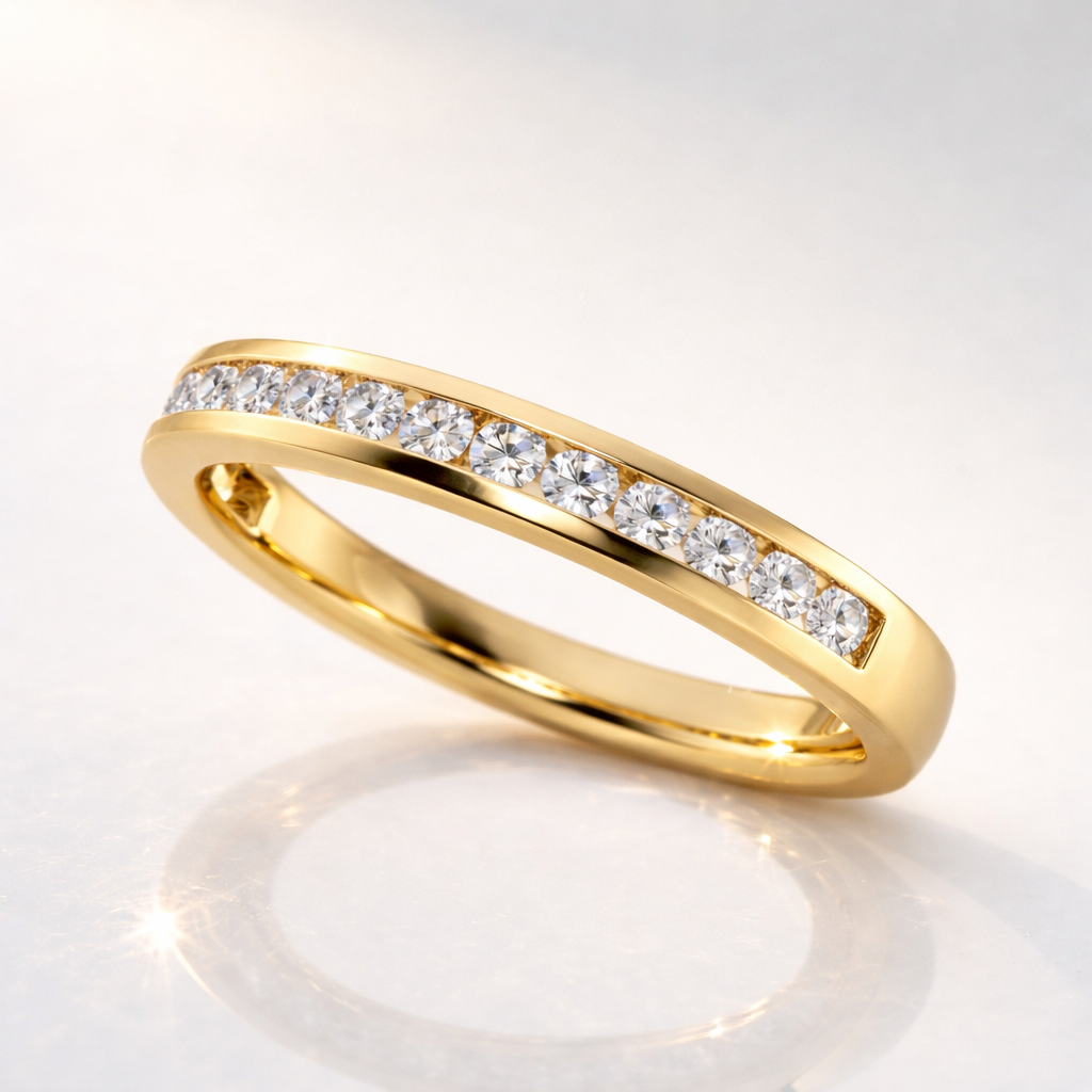 Yellow Gold Channel Set Half Eternity Band With Brilliant Round Cuts
