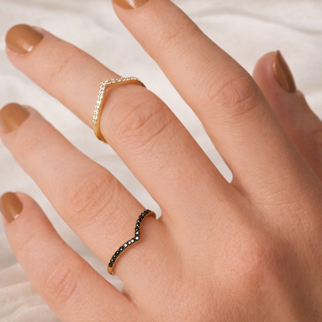 Moissanite Wedding Band V Shaped Chevron Style In Yellow Gold
