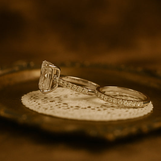 Radiant Cut Moissanite Engagement Ring Set In White Gold – Bridal Wedding Set