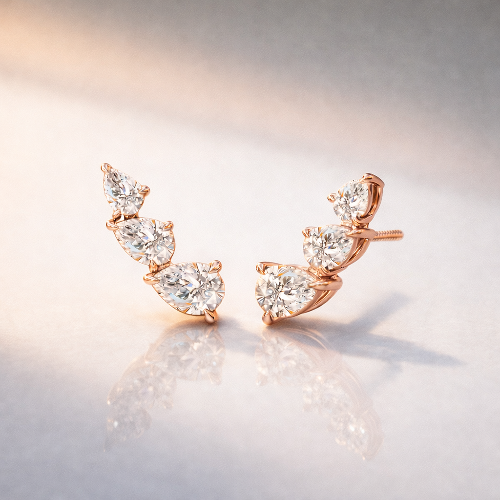 Three Pear Cut Diamond Stud Earrings Elegant Modern Design
