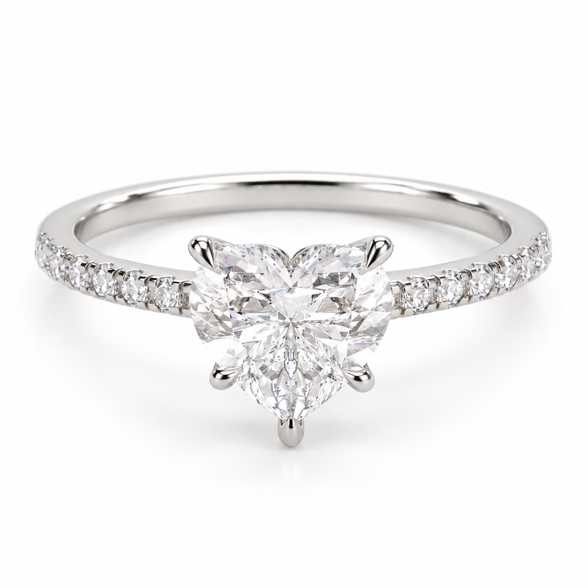 A silver-toned diamond engagement ring featuring a large heart-shaped center diamond and a pavé-set band with small round diamonds, shown on a clean white background.