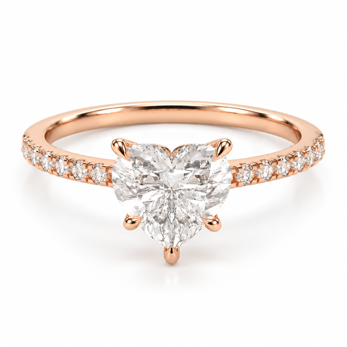 18K rose gold heart cut diamond engagement ring with pavé diamond band, polished rose gold setting, and luxury bridal design