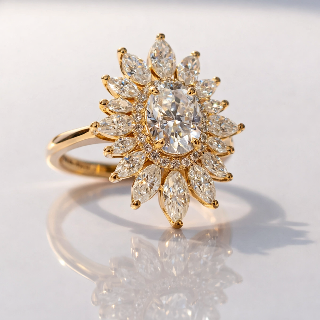 Oval Cut Moissanite Ring Marquise And Round Cut Halo Setting Jewelry.
