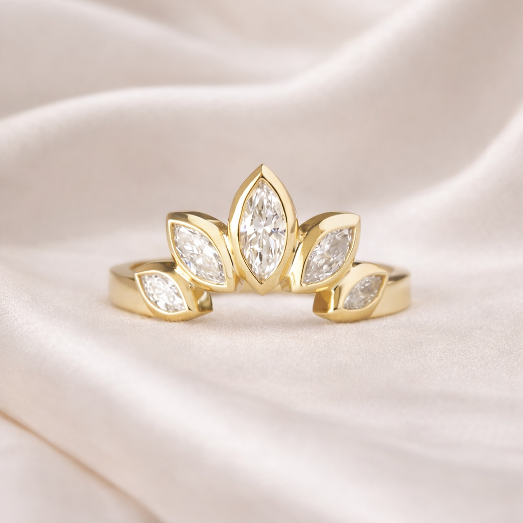 Contour Wedding Band In Yellow Gold With Marquise Cut Diamond Or Moissanite