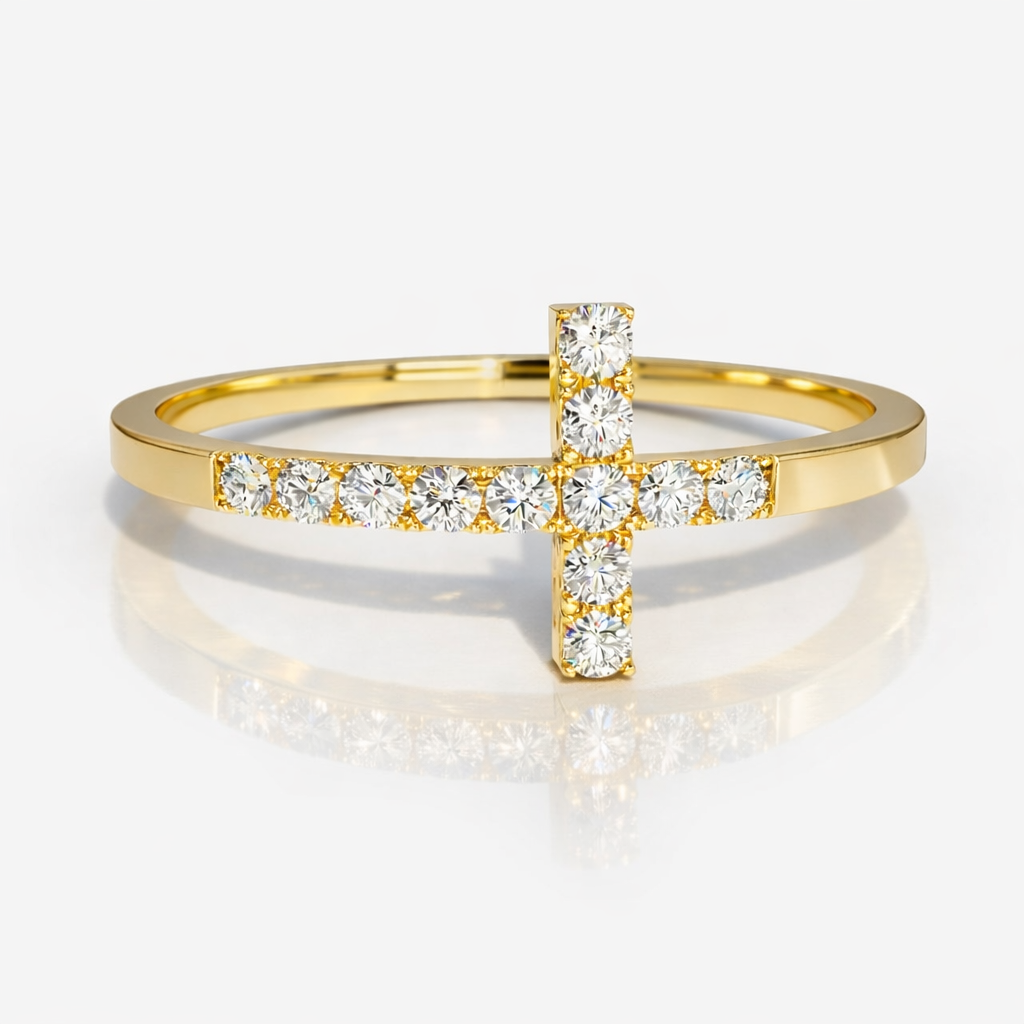 Cross Wedding Band With Round Cut Diamonds In Yellow Gold
