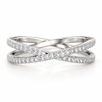 Elegant silver crossover ring featuring two intertwined pavé diamond bands with rows of sparkling round stones and a polished finish.