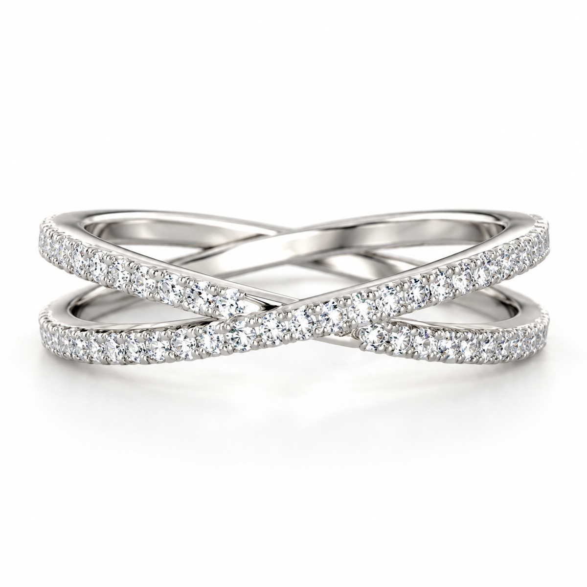 Elegant silver crossover ring featuring two intertwined pavé diamond bands with rows of sparkling round stones and a polished finish.
