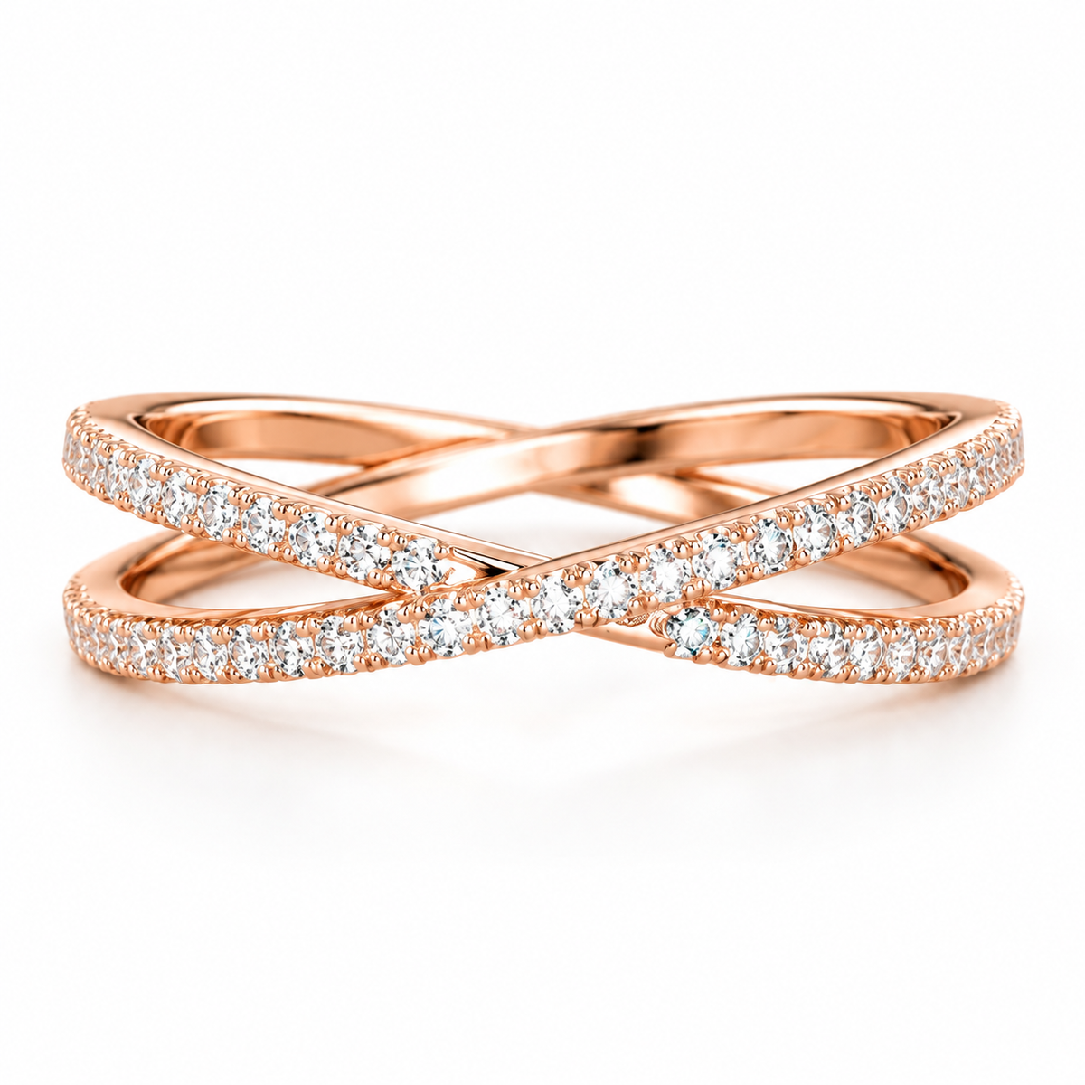 Elegant 18K rose gold vermeil crossover ring featuring two intertwined pavé diamond bands with rows of sparkling round stones and a polished warm pink-gold finish.