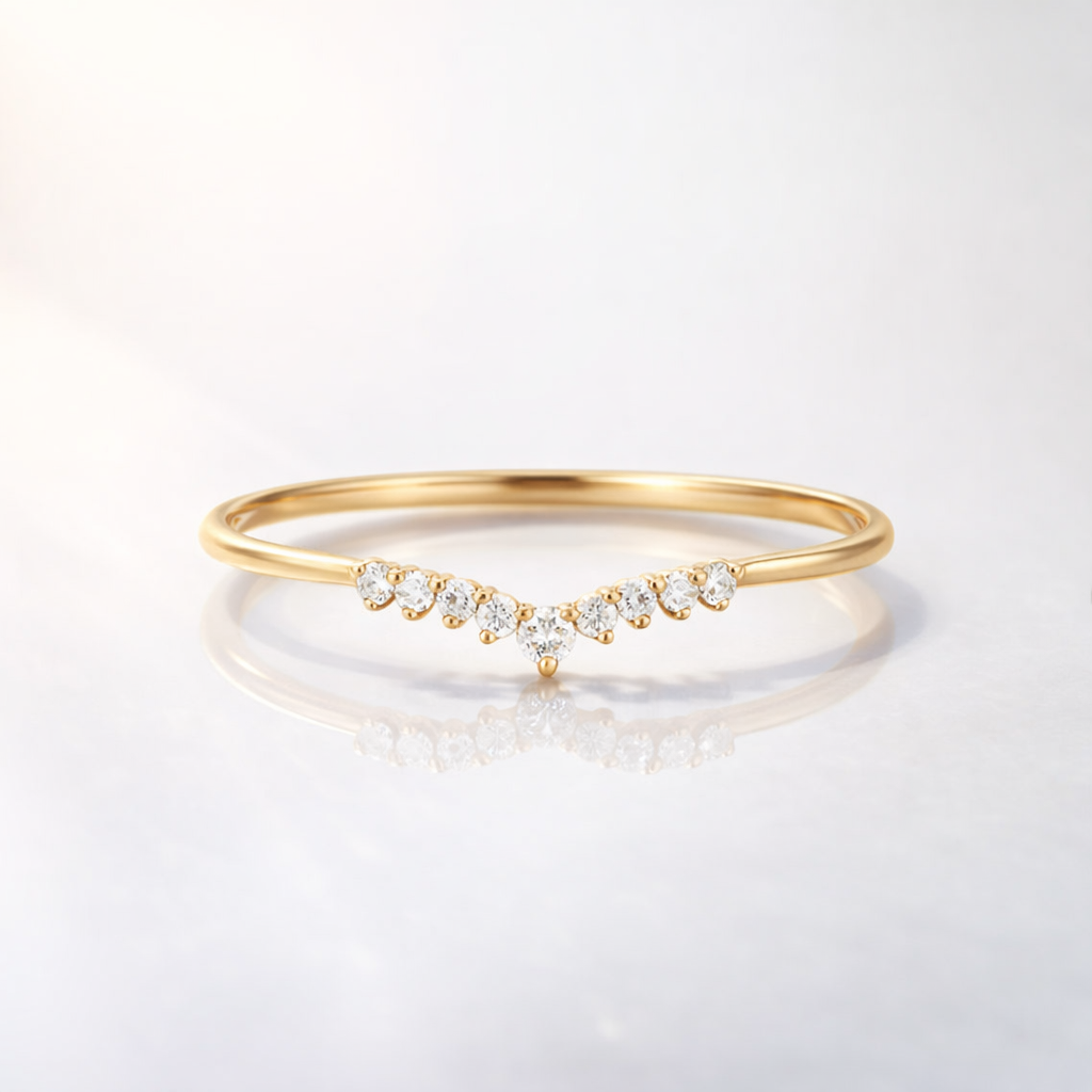 Curved Diamond Wedding Band In Yellow Gold With Round Cut Diamond Or Moissanite Prong Setting

