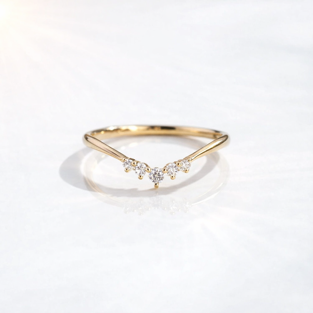 V Shaped Diamond Wedding Ring With Round Cut Stones In Gold
