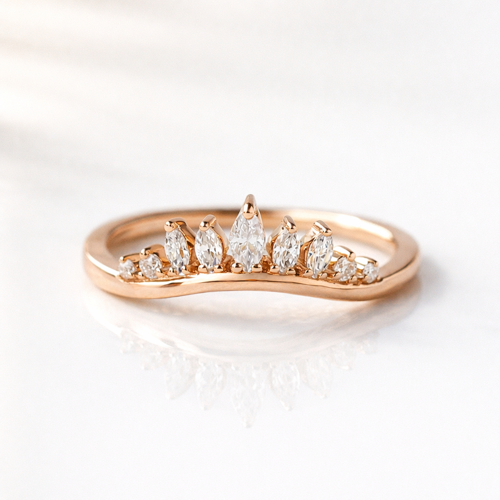 Rose Gold Curved Wedding Band With Marquise Cut Diamonds
