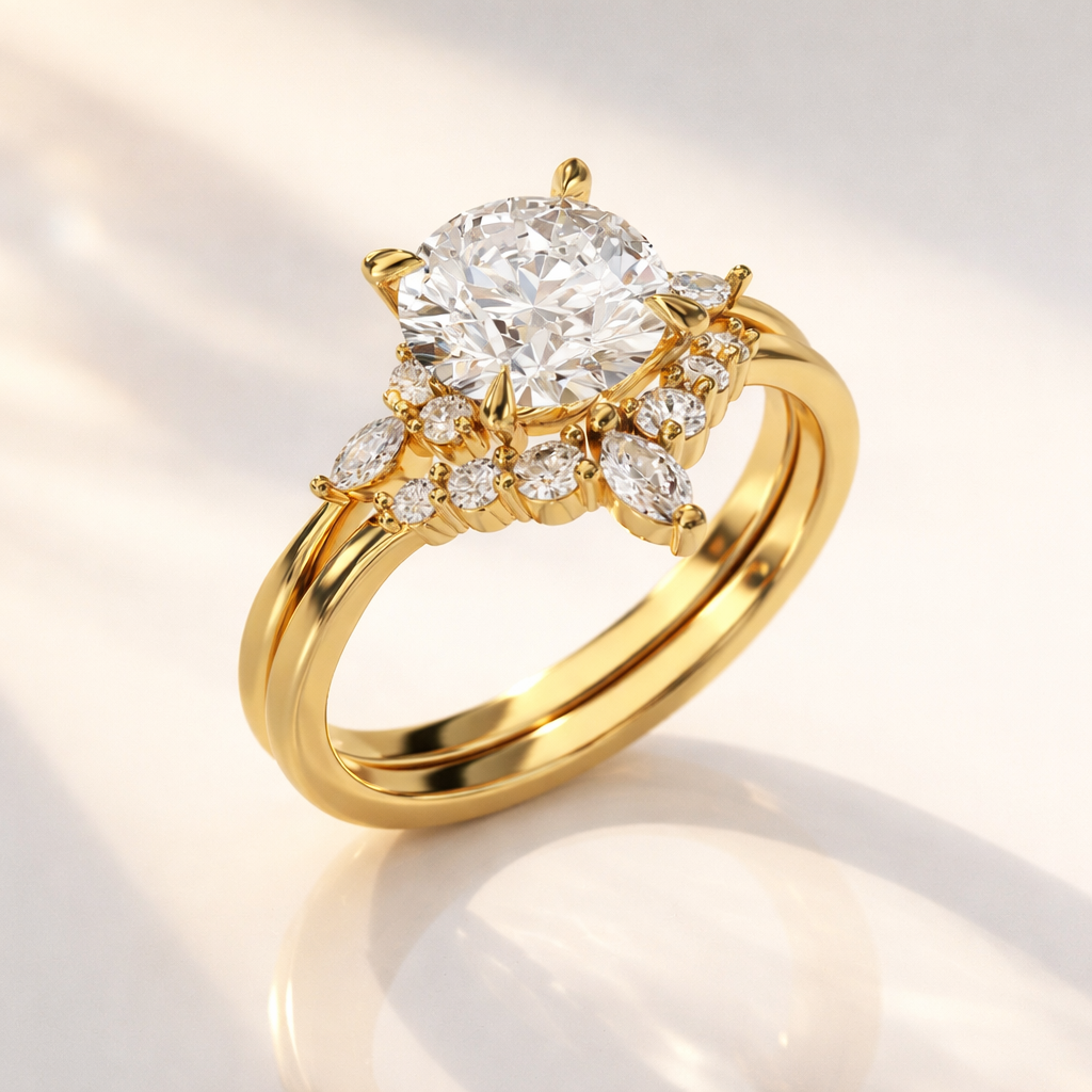 Yellow gold diamond engagement ring wedding band set
