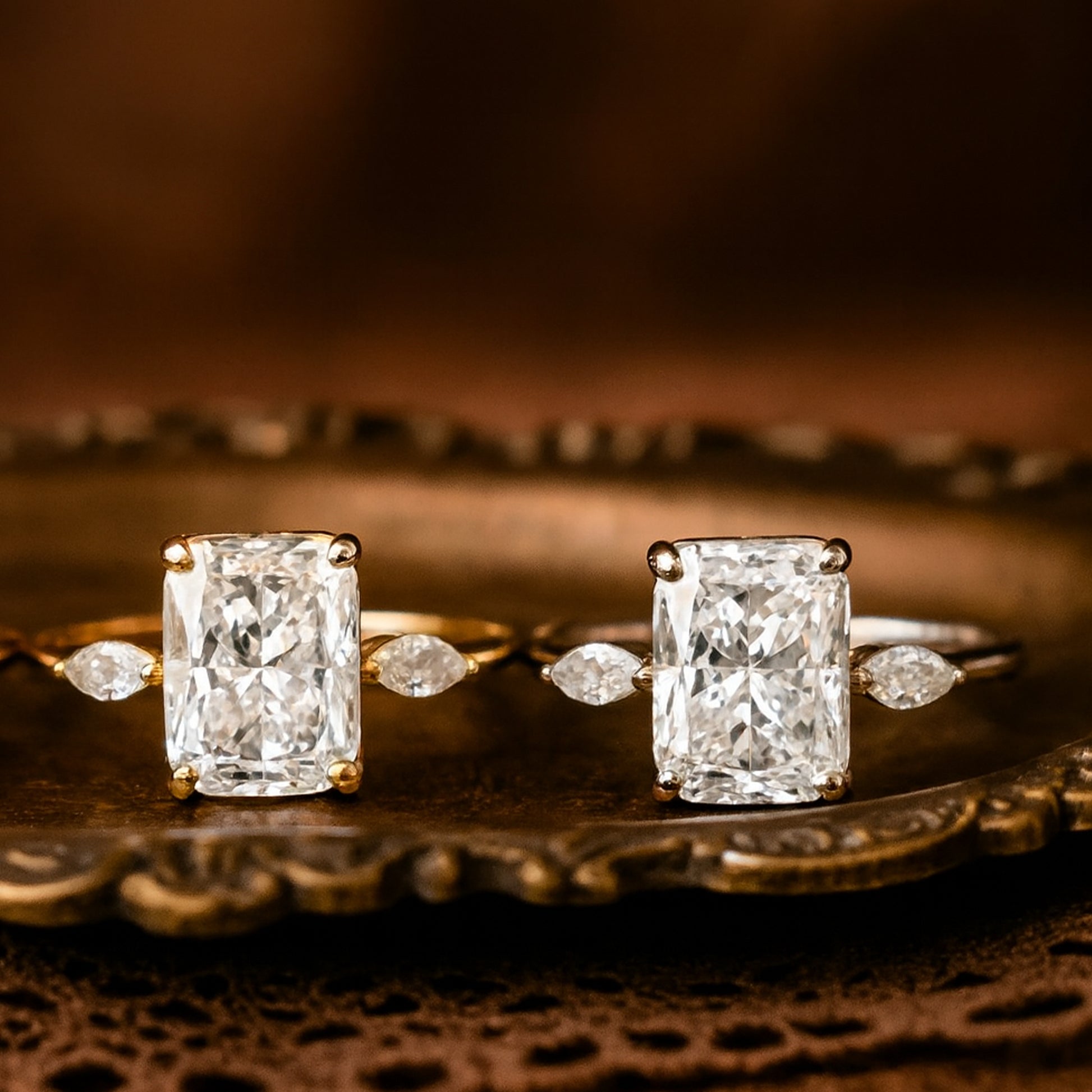 Luxury Cushion-Cut Diamond Engagement Ring Featuring Pear Side Diamonds On An 18K Yellow Gold Band, Handcrafted For Fine Jewelry Lovers In The USA