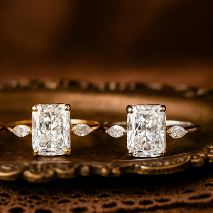Luxury Cushion-Cut Diamond Engagement Ring Featuring Pear Side Diamonds On An 18K Yellow Gold Band, Handcrafted For Fine Jewelry Lovers In The USA