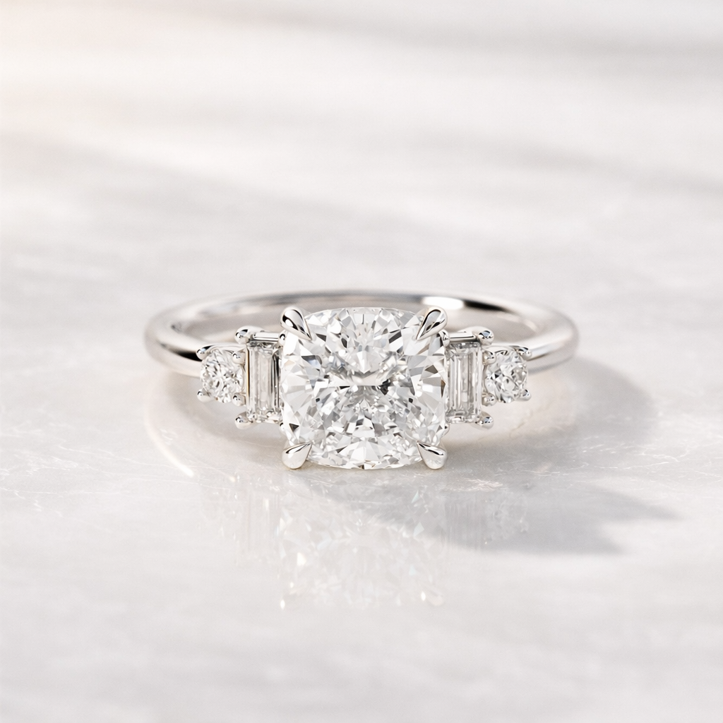 White Gold Engagement Ring With 2 Carat Cushion Cut Lab Grown Diamond

