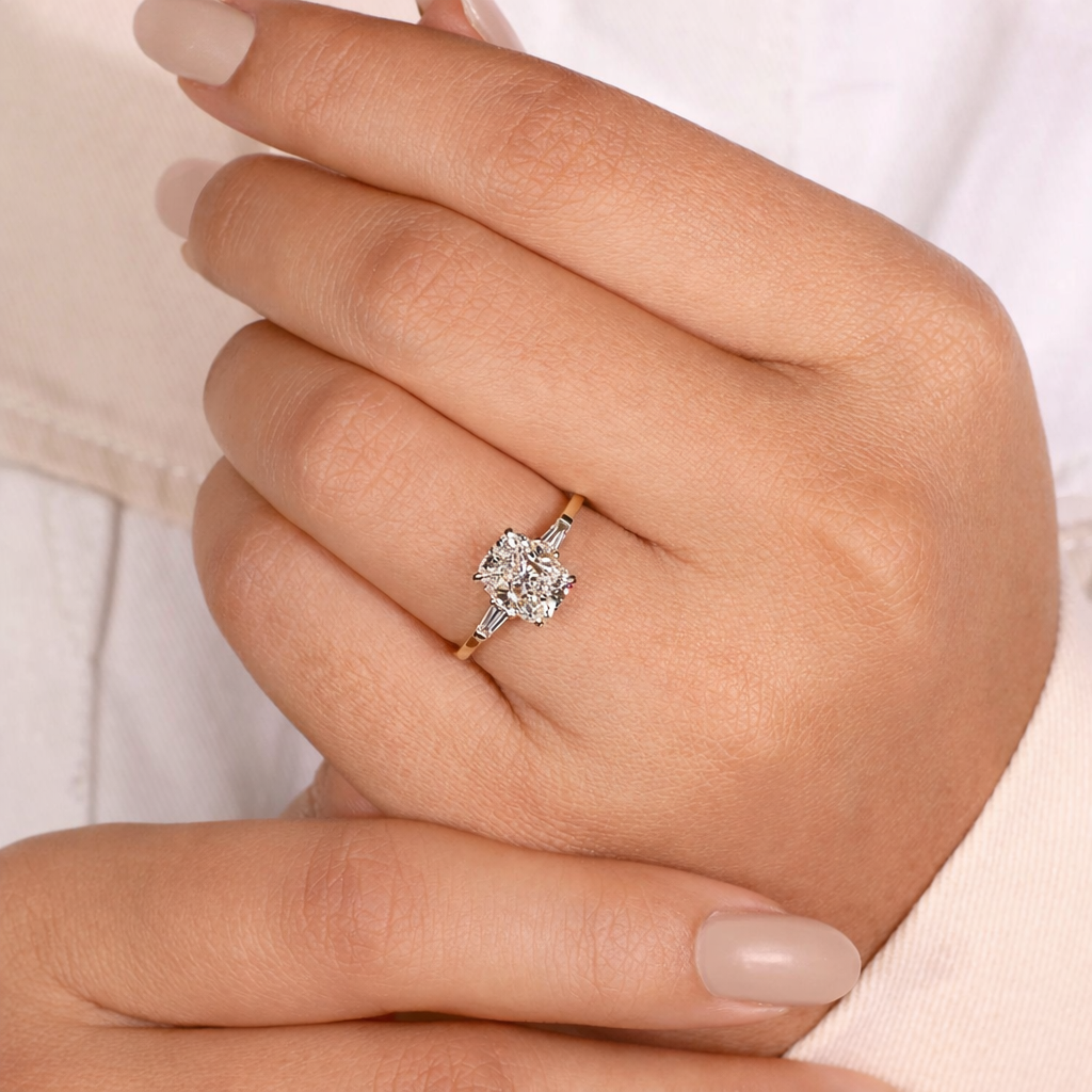 Yellow Gold Engagement Ring With Cushion Cut Ring And Baguette Side Stones
