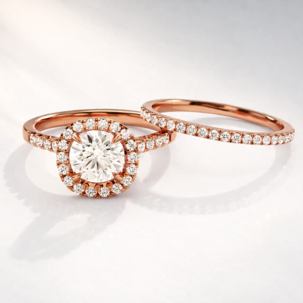 Cushion cut halo engagement ring with wedding band set
