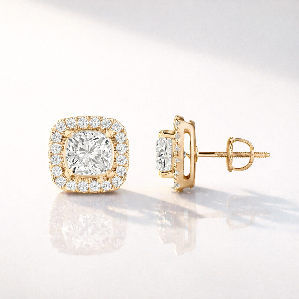 Cushion Cut Earrings With Round Cut Halo Lab Grown Diamond Studs
