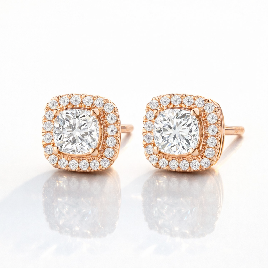 Cushion Cut Halo Diamond Stud Earrings Custom Diiro Earrings
