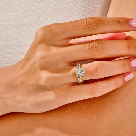 Halo diamond ring with half eternity wedding band
