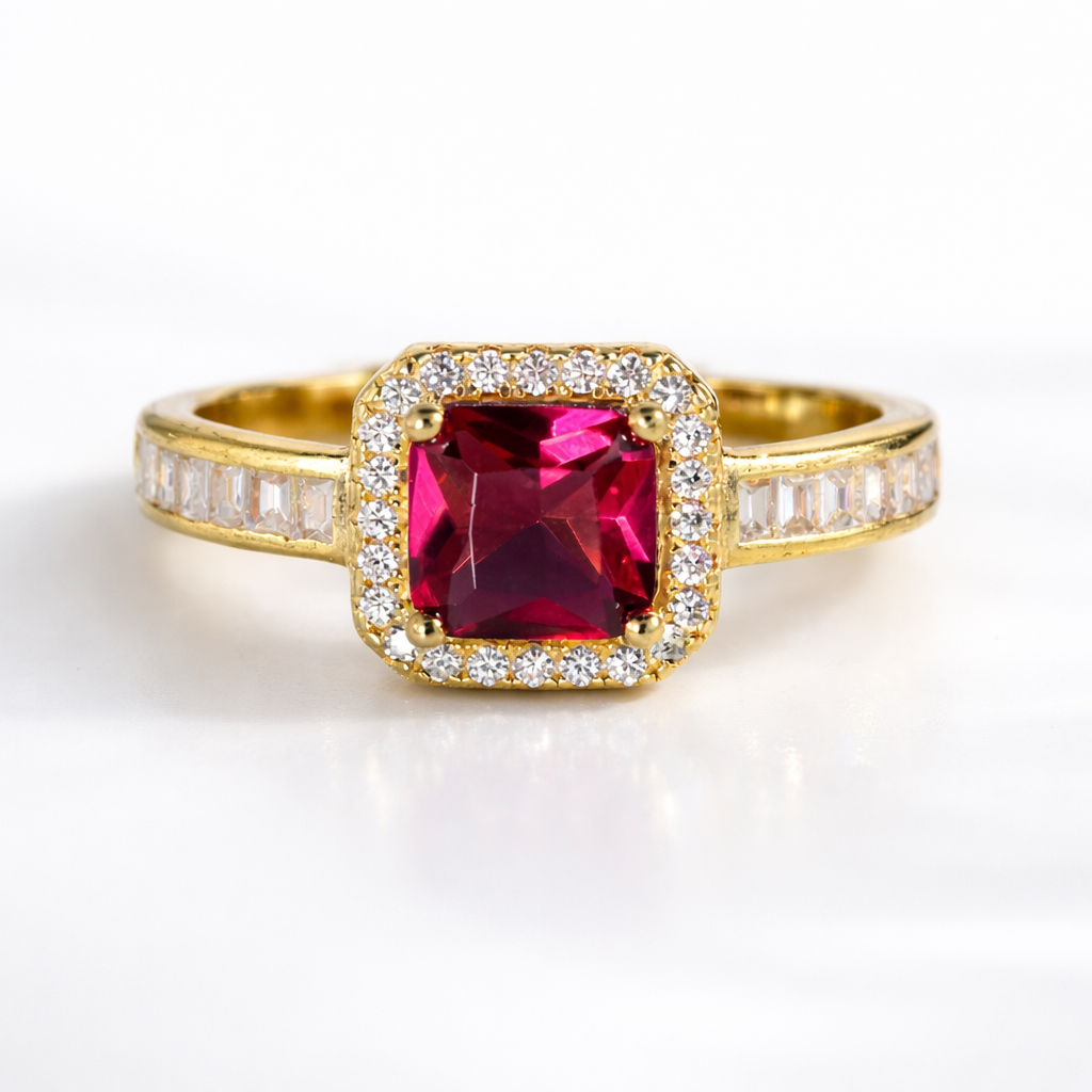 Cushion Cut Ruby Ring Halo Diamond Engagement Ring 4 Round Prong Setting.

