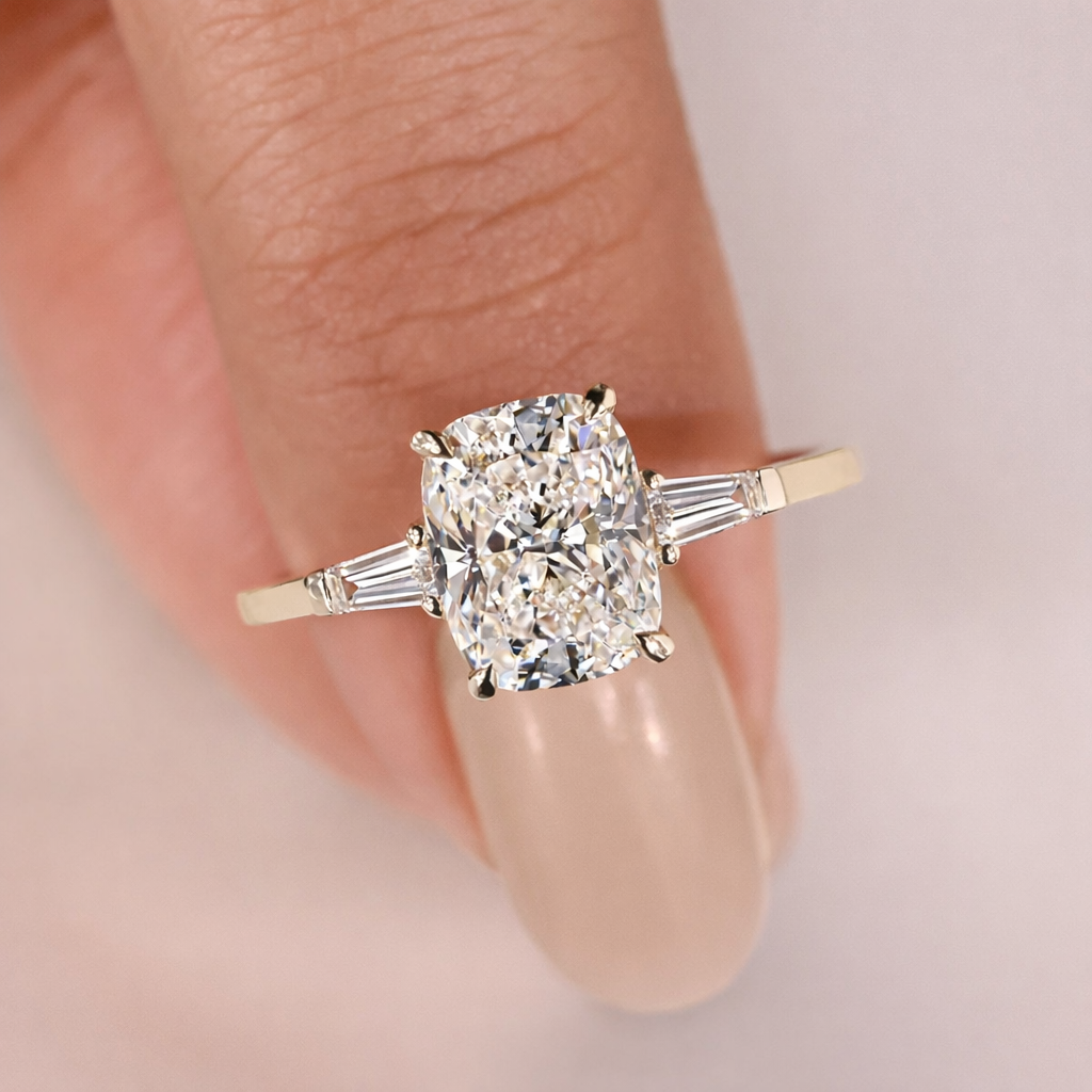 Moissanite Engagement Ring Style Cushion Cut Ring With Side Baguettes
